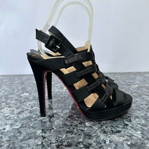 CHRISTIAN LOUBOUTIN Decollete Paquita Caged Black Satin & Leather Heel 36.5 $995